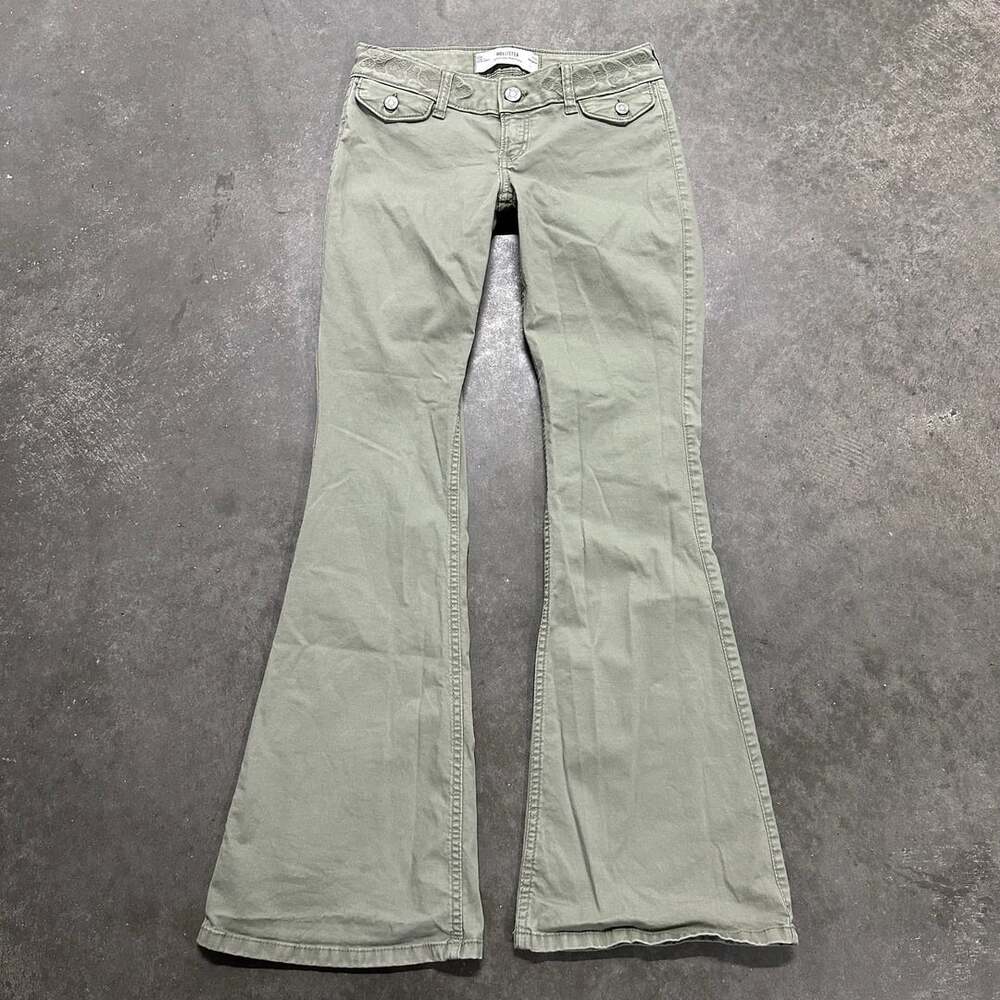 Y2K Hollister Ultra Low-Rise Flare Green Embroidered Waist Pants W24 00R